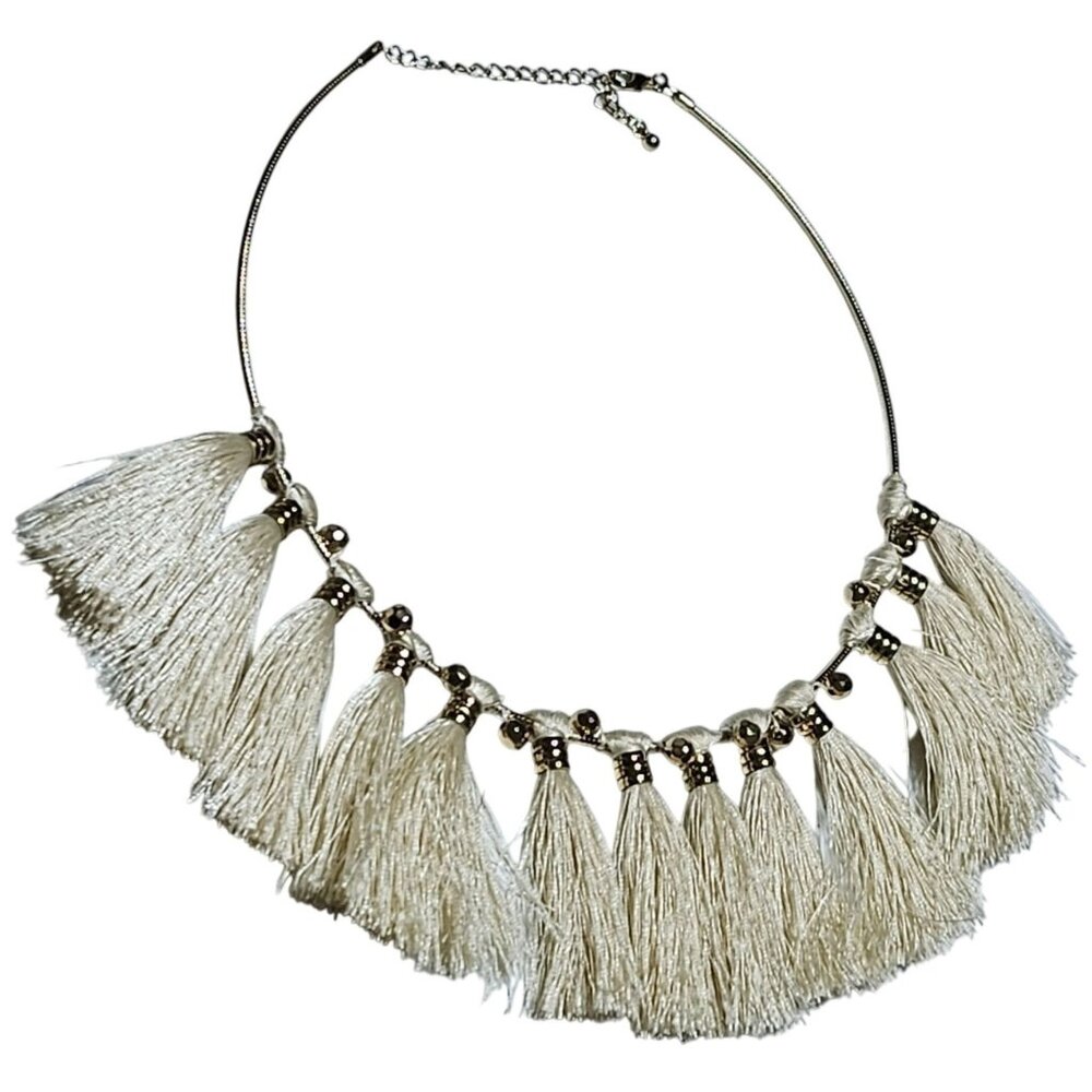 Tribal Boho Gold Tone Tassel Statement Necklace Cream Fringe Fashion Jewelry